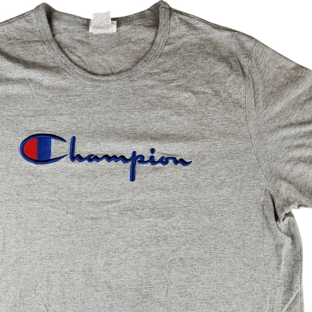 Vintage Champion Mens 2XL Heather Gray Embroidered Script Logo T-Shirt Size XXL
